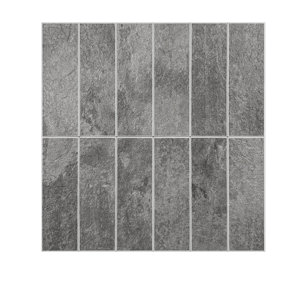 Grey stone-look rectangular wall tiles arranged in a grid pattern, showing a textured surface with light grout lines between the tiles.