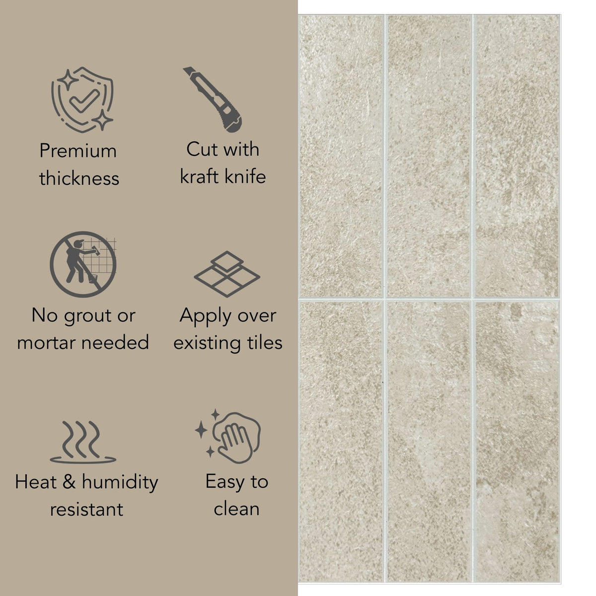 Beige stone-look composite tiles shown in a grid on the right, next to feature callouts on the left including premium thickness, cut with a kraft knife, no grout or mortar needed, heat and humidity resistant, and easy to clean.