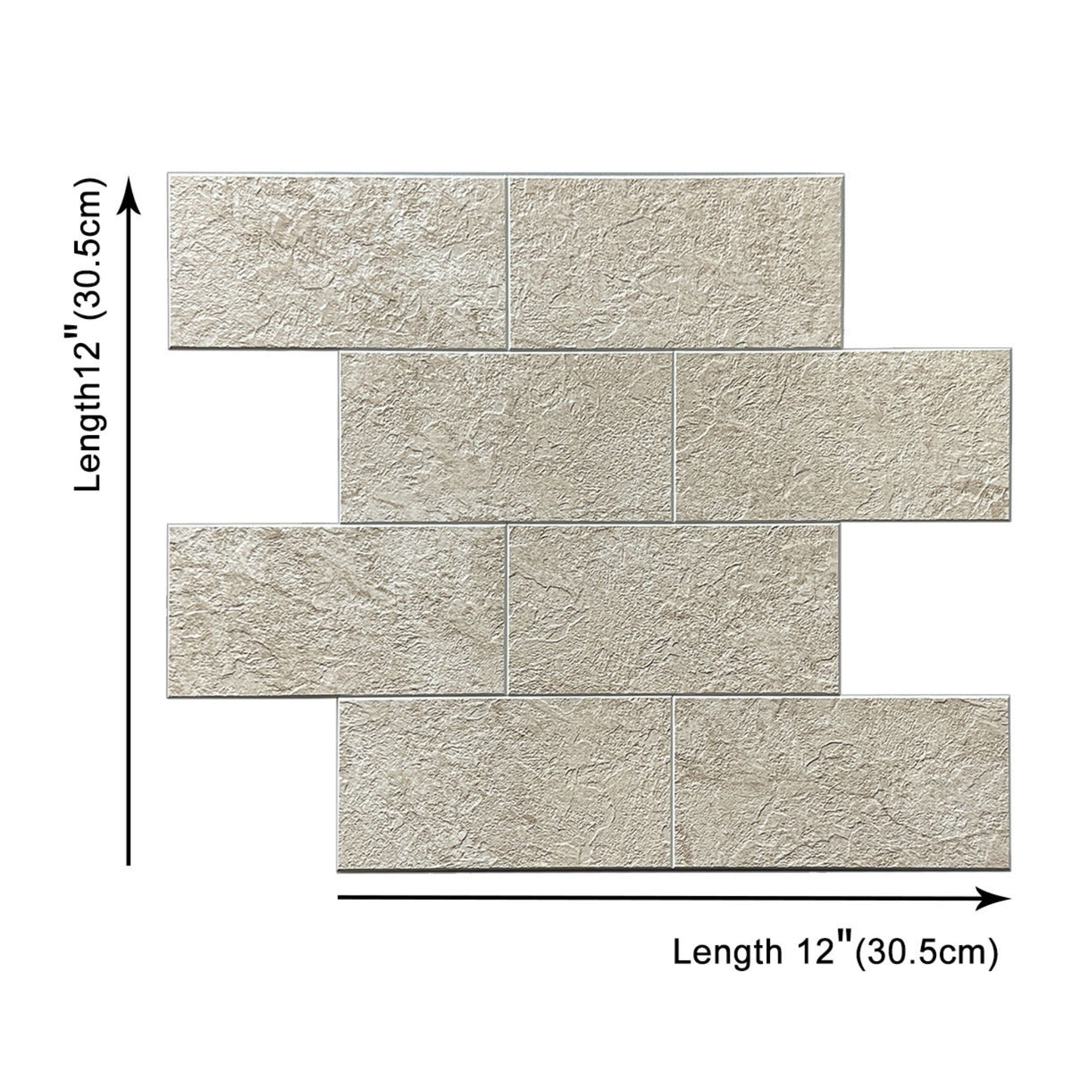 A product diagram showing rectangular textured wall tiles arranged in a staggered brick pattern on a white background, with arrows and text indicating dimensions of 12 by 12 inches (30.5 by 30.5cm)