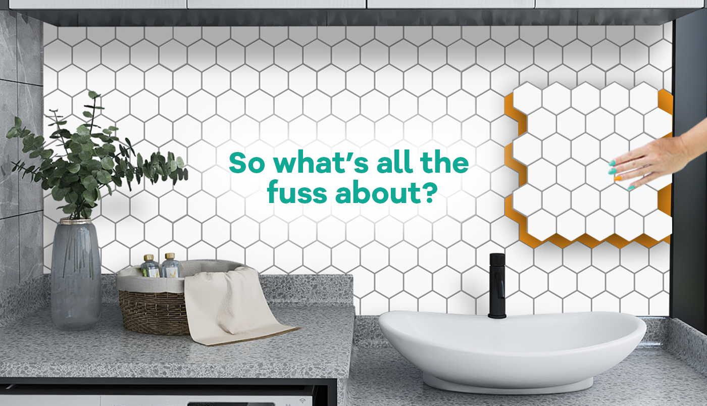 What is all the fuss about peel and stick vinyl wall tiles: an image of white hexagon laundry tiles