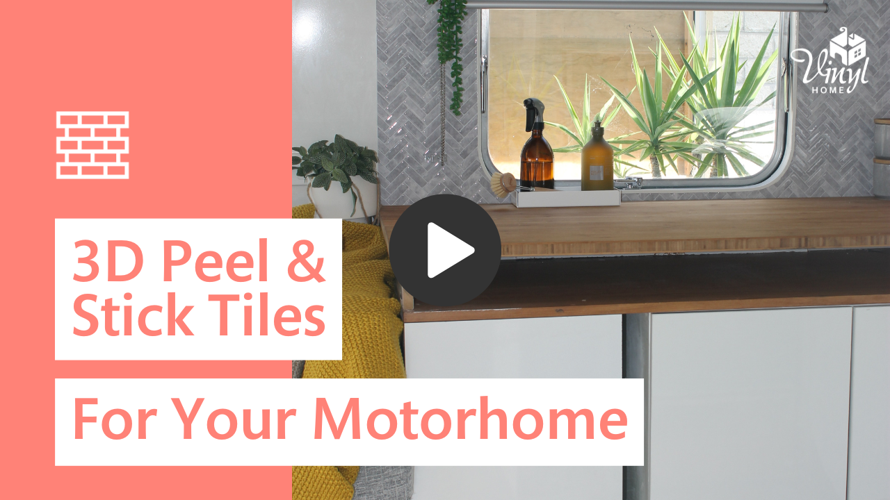 Advertisement for 3D peel and stick tiles for motorhomes with a play button overlay.