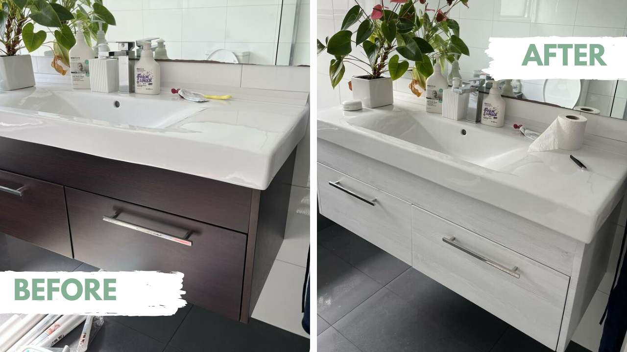 Bathroom vanity transformation from 'Before' to 'After' with white cabinets and modern fixtures.