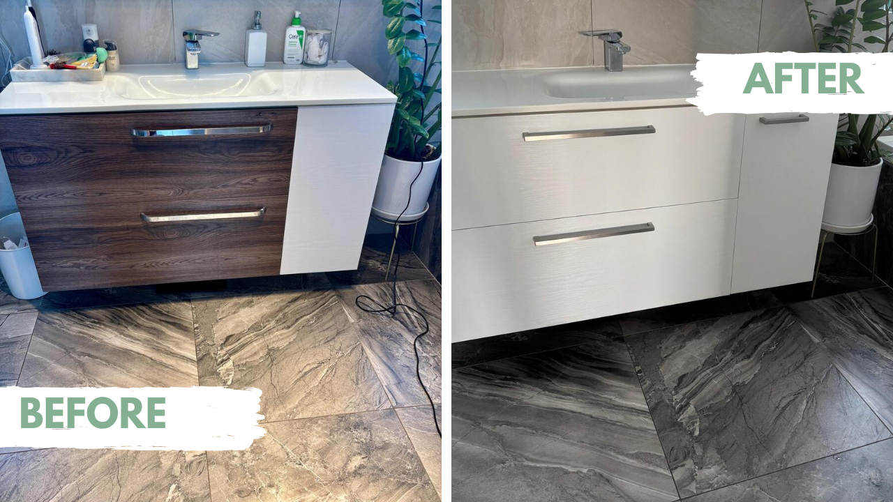 Bathroom vanity before and after renovation with new white adhesive vinyl.