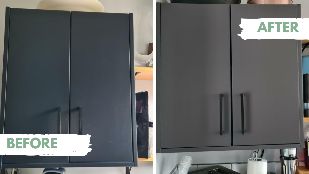 Before and after comparison of a dark gray cabinet with black handles.