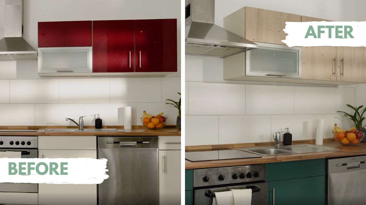 Before and after comparison of a kitchen with red cabinets and modern appliances that has been vinyl wrapped.