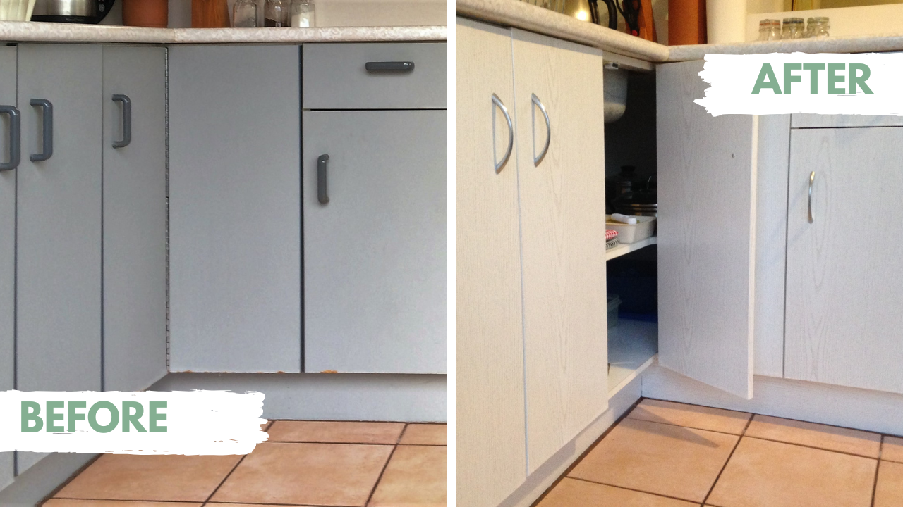 Before and after comparison of kitchen cabinets with a focus on transformation.
