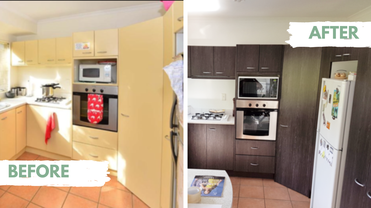Before and after comparison of a kitchen with cabinets wrapped with wooden adhesive vinyl.