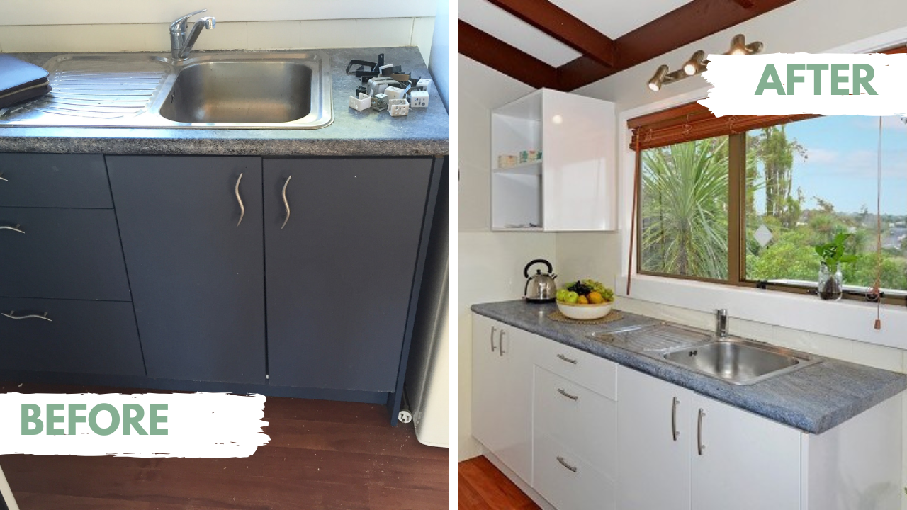 Before and after comparison of a kitchen renovation with updated cabinets and decor.