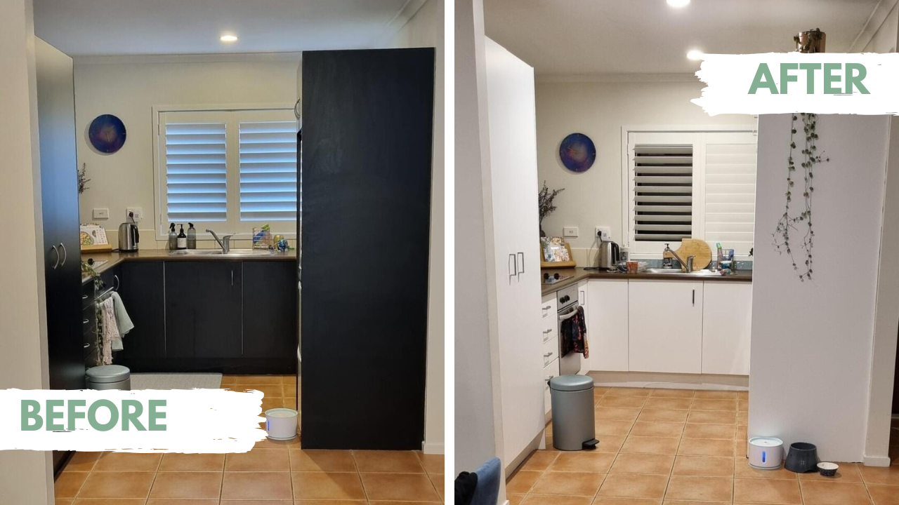 Before and after comparison of a kitchen renovation with white walls and modern appliances.