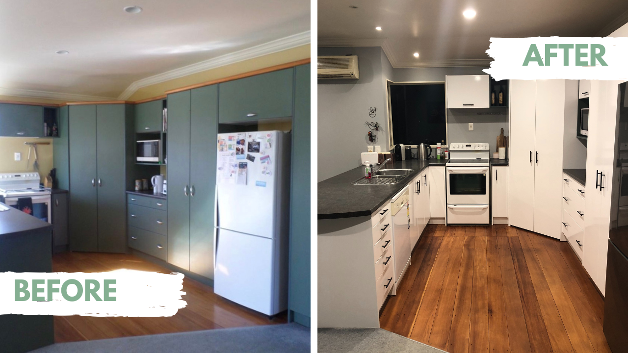 Before and after comparison of a kitchen renovation with modern white cabinets and appliances.