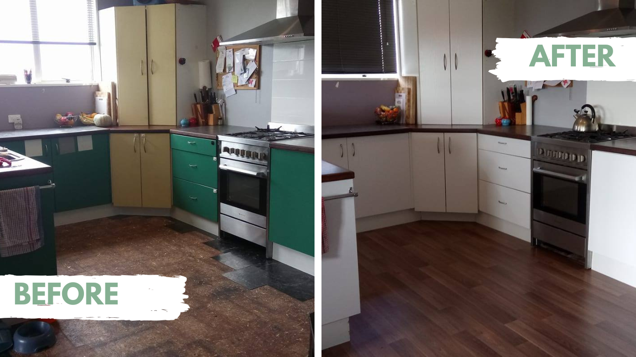 Before and after comparison of a kitchen renovation with new flooring and vinyl wrapped cabinetry.