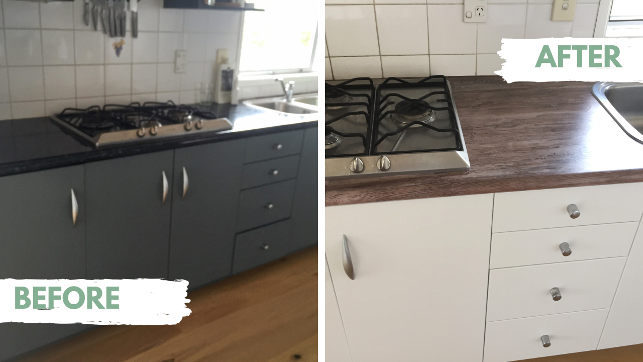 Before and after comparison of a kitchen with new wooden vinyl wrapped countertops.