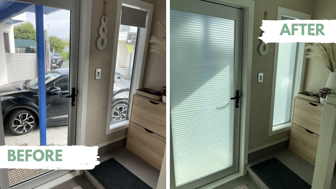 Before and after comparison of a sliding glass door with window film in a blinds design.