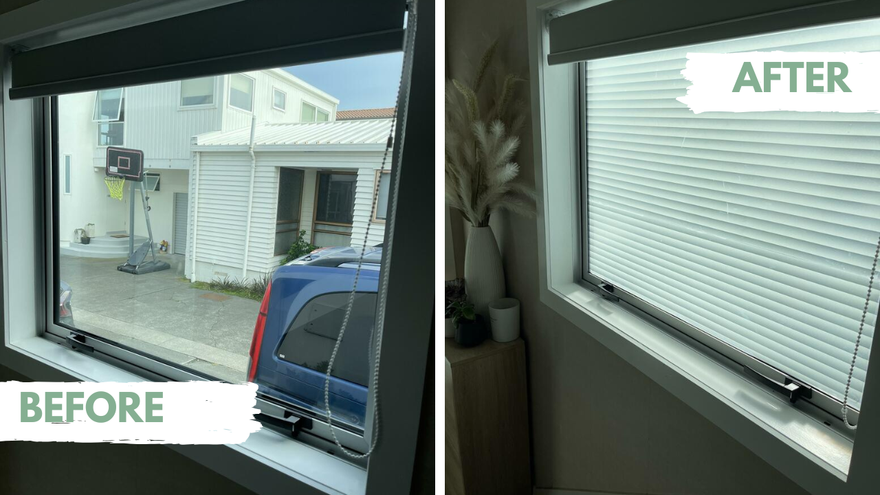 Before and after comparison of a window with window film blinds installed