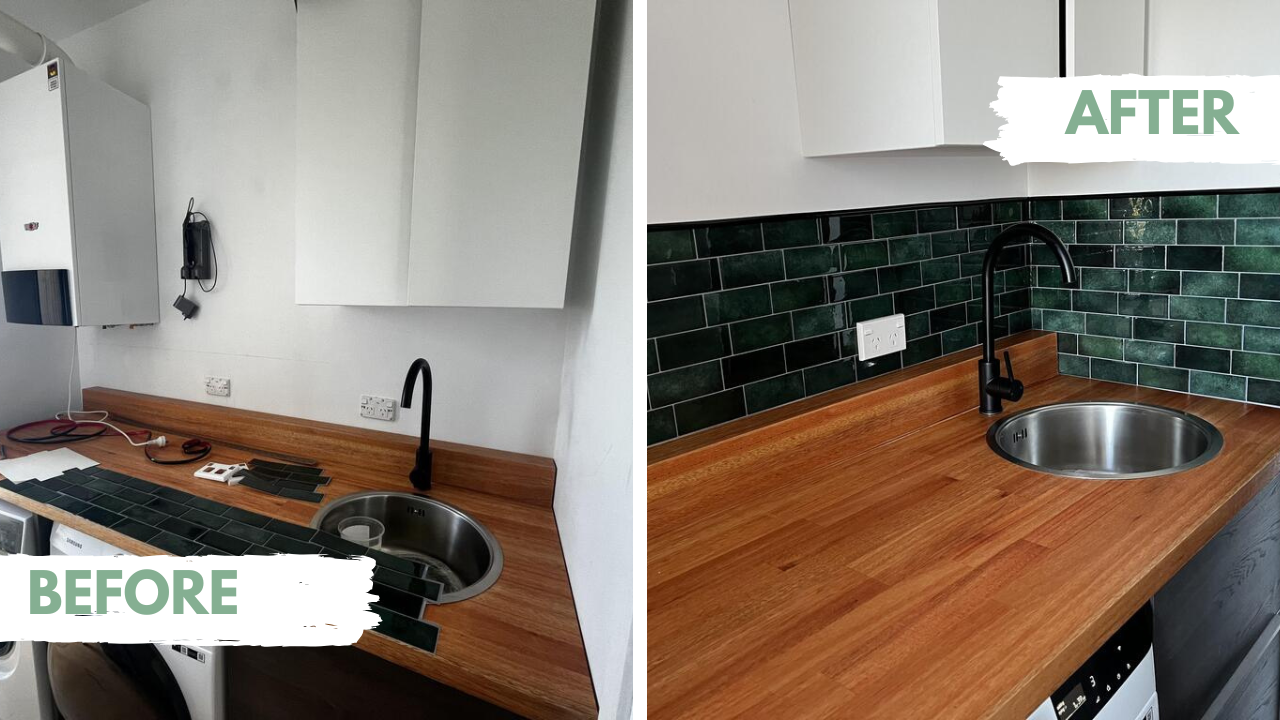 Before and after comparison of a kitchen with new green tiles and wooden countertops.