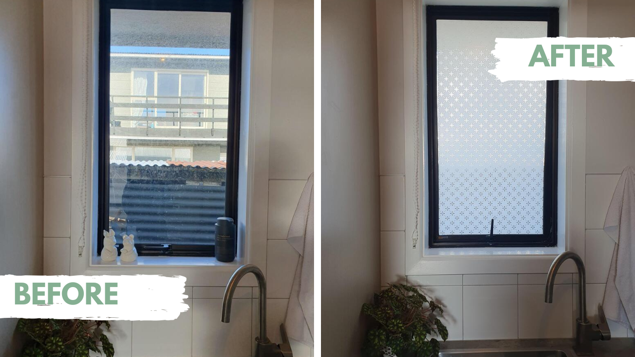 Before and after comparison of a bathroom window with privacy film.