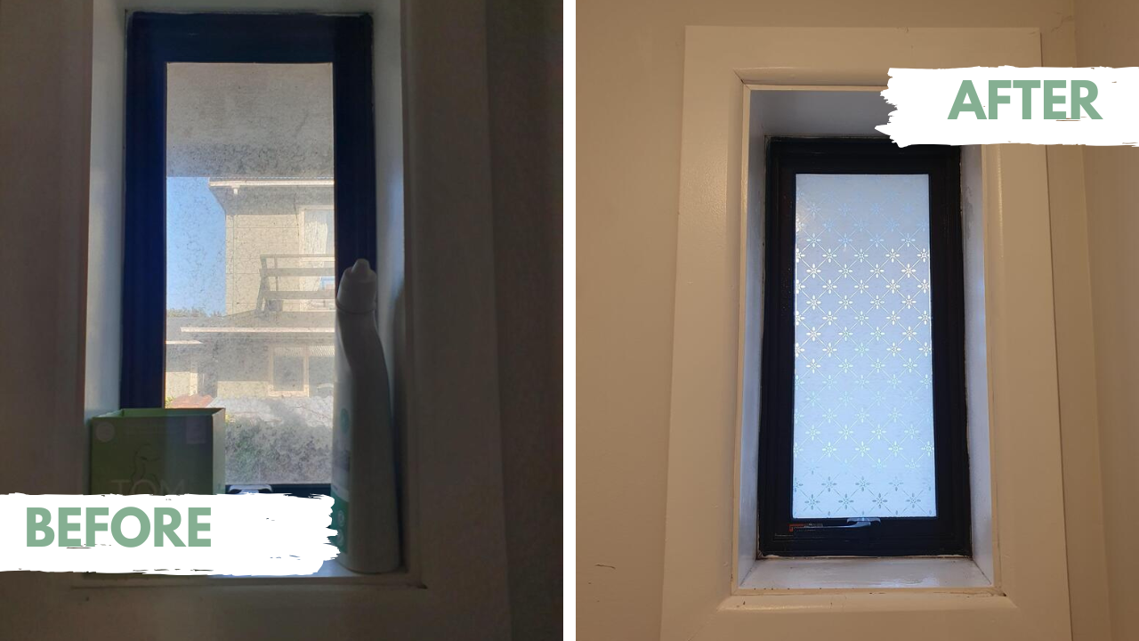 Before and after comparison of a window with a decorative film applied.