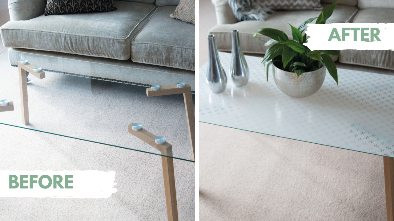 Before and after comparison of a glass coffee table setup in a living room covered with window film.