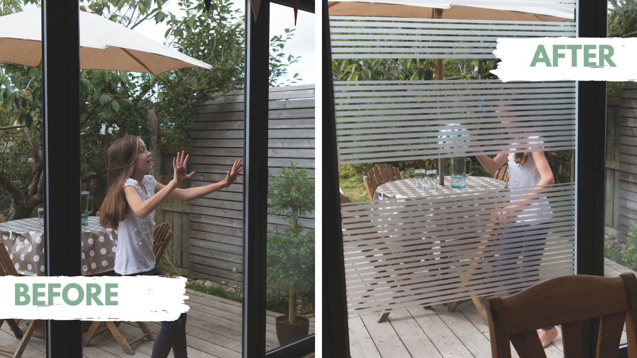 Before and after comparison of a glass door with privacy film applied.