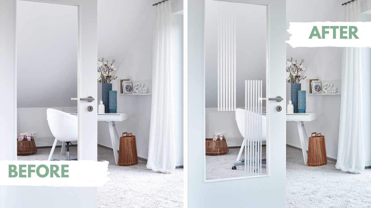 Before and after comparison of a room with a white door with window film stripes.