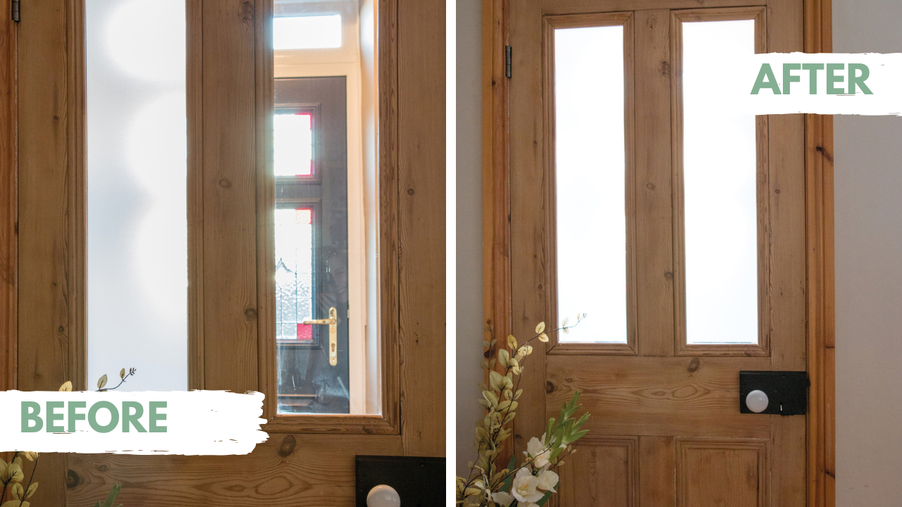 Before and after comparison of a wooden door with glass panels.