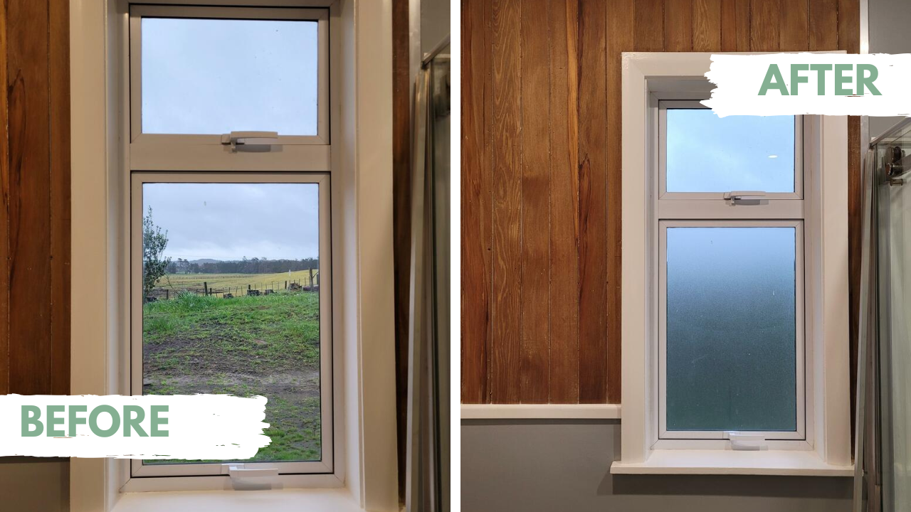 Before and after comparison of a window installation with a wooden frame.