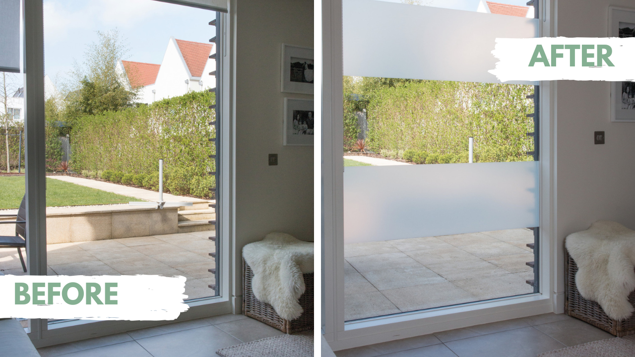 Before and after comparison of a glass door with privacy film applied.