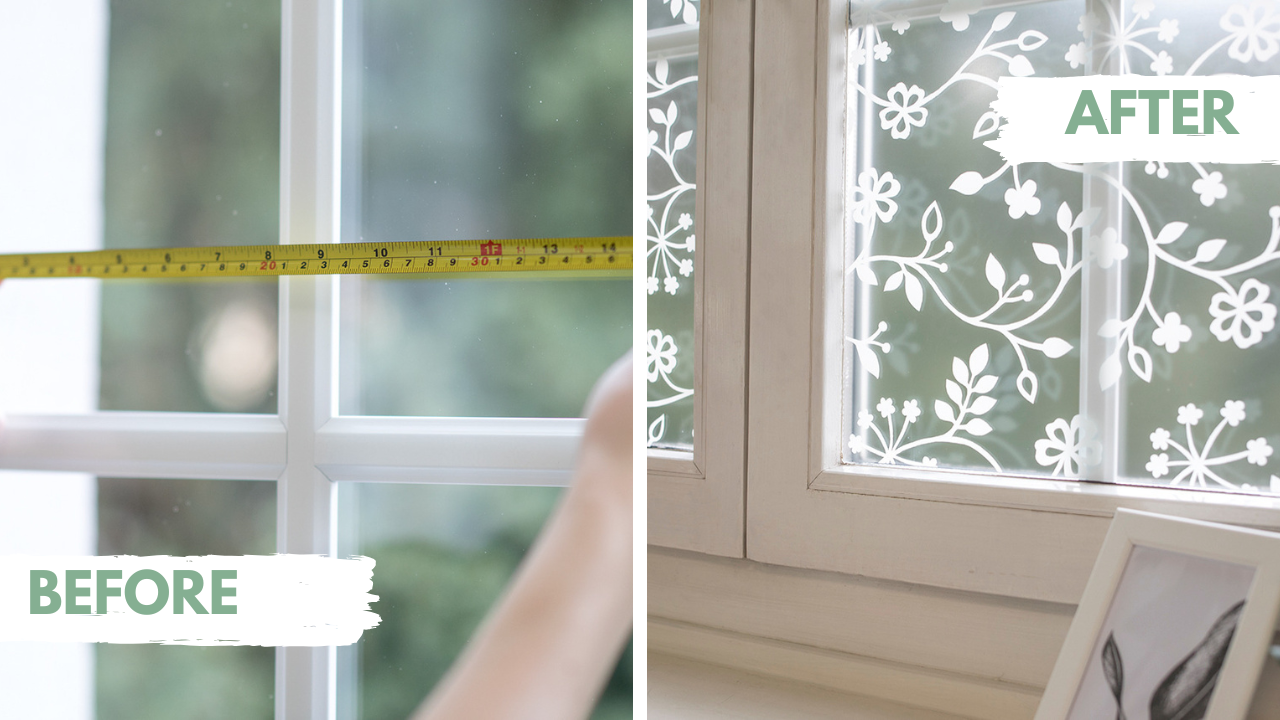 Before and after comparison of a window with decorative film applied.