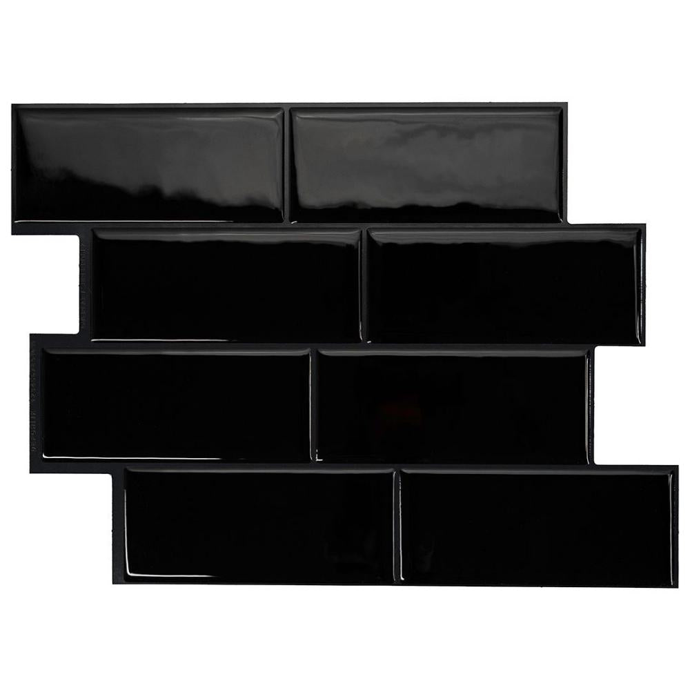 Black self-adhesive 3D subway tile in a laundry room
