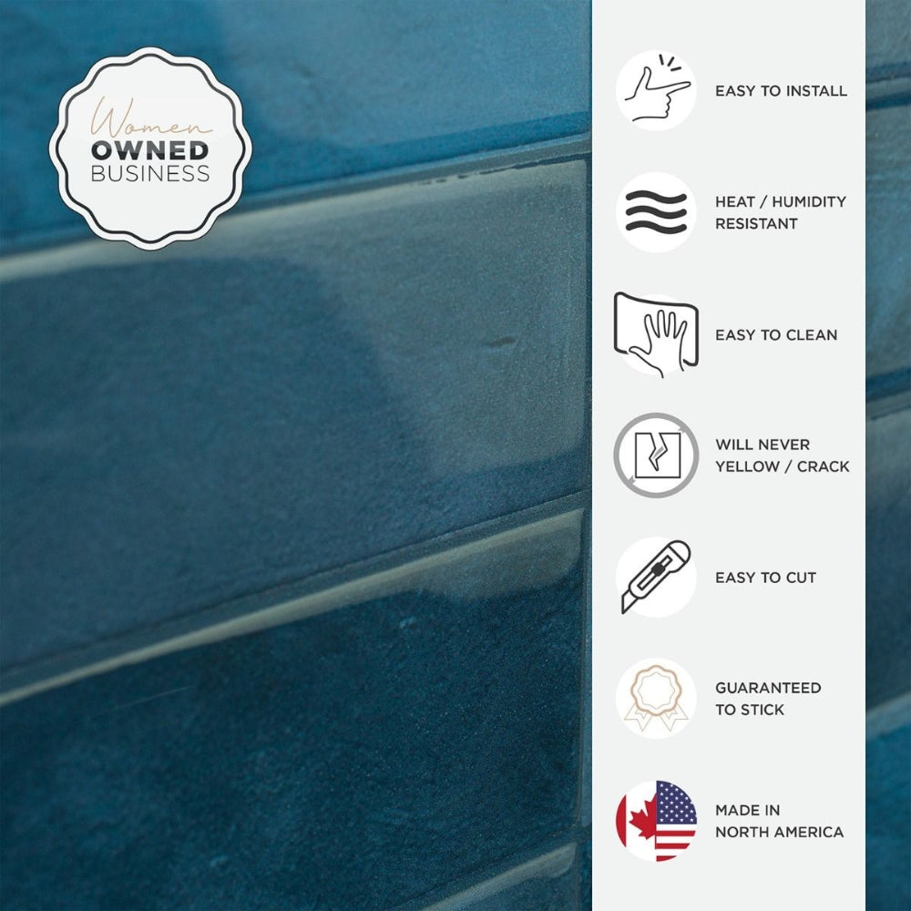 Blue stacked self-adhesive subway tile with premium features