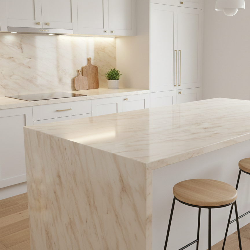 Carrara beige adhesive vinyl on benchtop