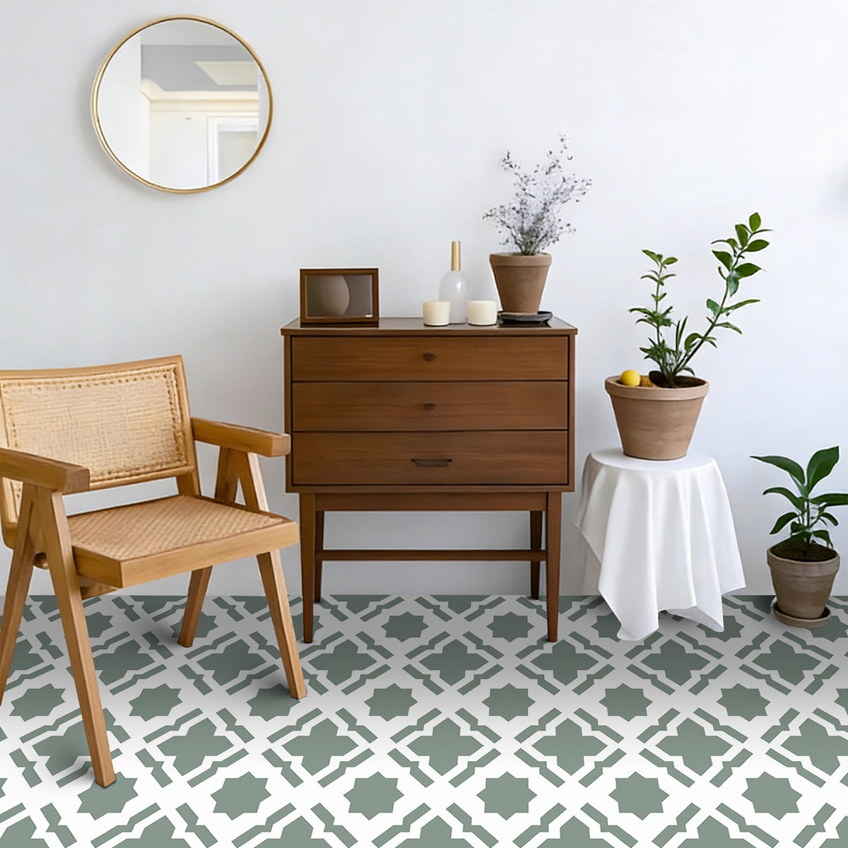 Modern interior with wooden furniture, plants, and decorative items on a patterned floor.