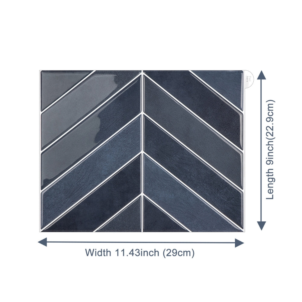 Navy blue chevron patterned rug with measurements on a white background