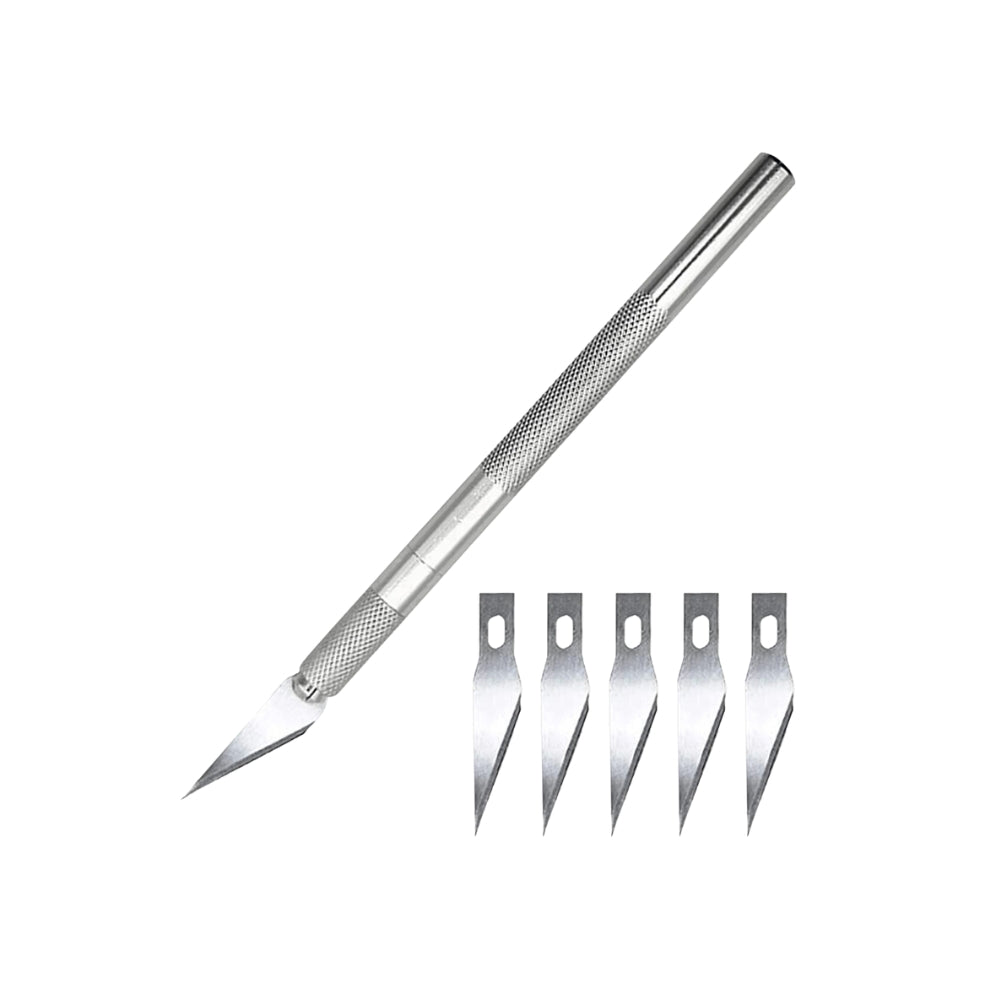 Metal round utility knife with pencil grip and 5 replacement blades