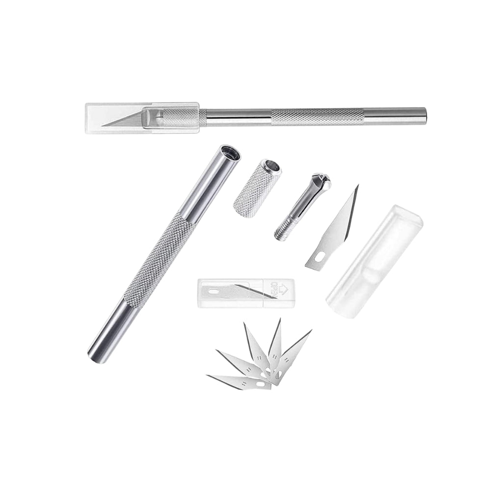 Round craft knife with 5 replacement blades showing all parts