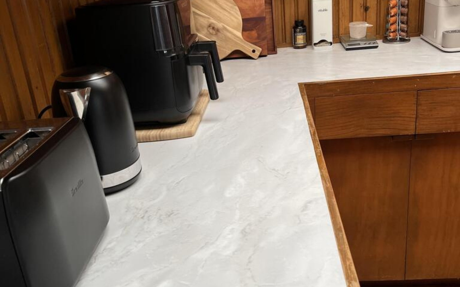 Customer photo adhesive vinyl benchtop marble romeo matte white
