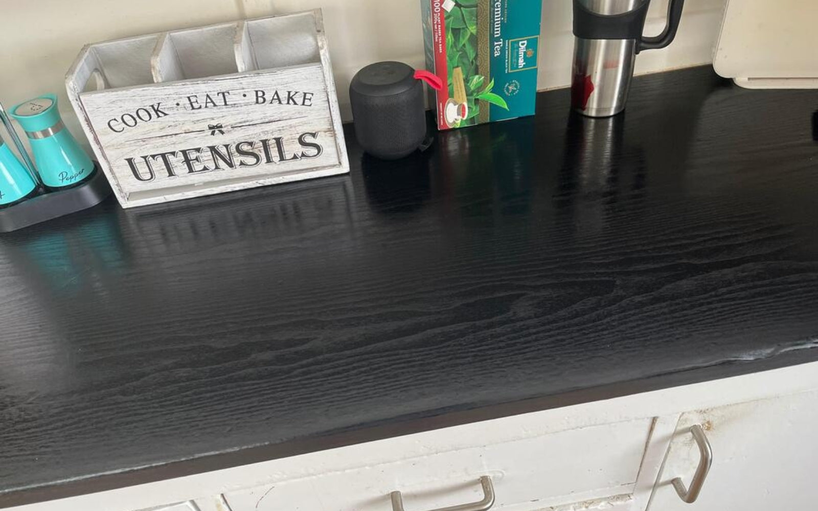 Customer photo adhesive vinyl benchtop blackwood