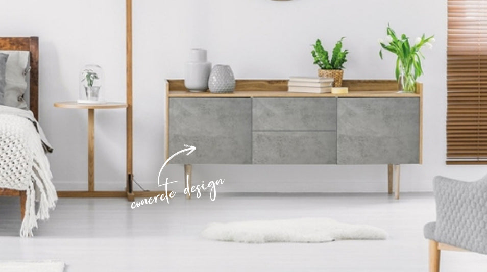 lowboy unit covered with concrete vinyl on drawer front