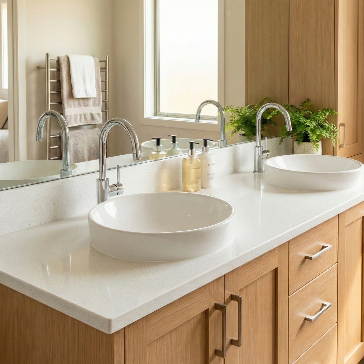 Bathroom vanity wrapped with light quartz adhesive vinyl with two white sinks, mirrors, and wooden cabinets.
