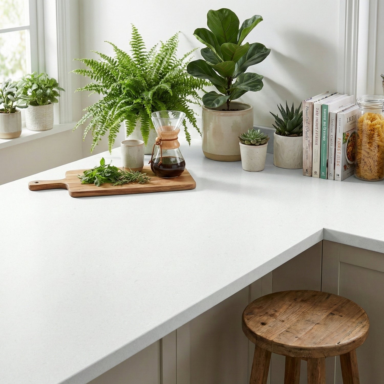 White quartz kitchen counter with plants, books, and a coffee maker.