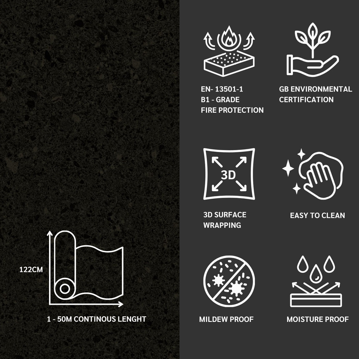 Set of icons and text describing architectural grade vinyl features on a dark background