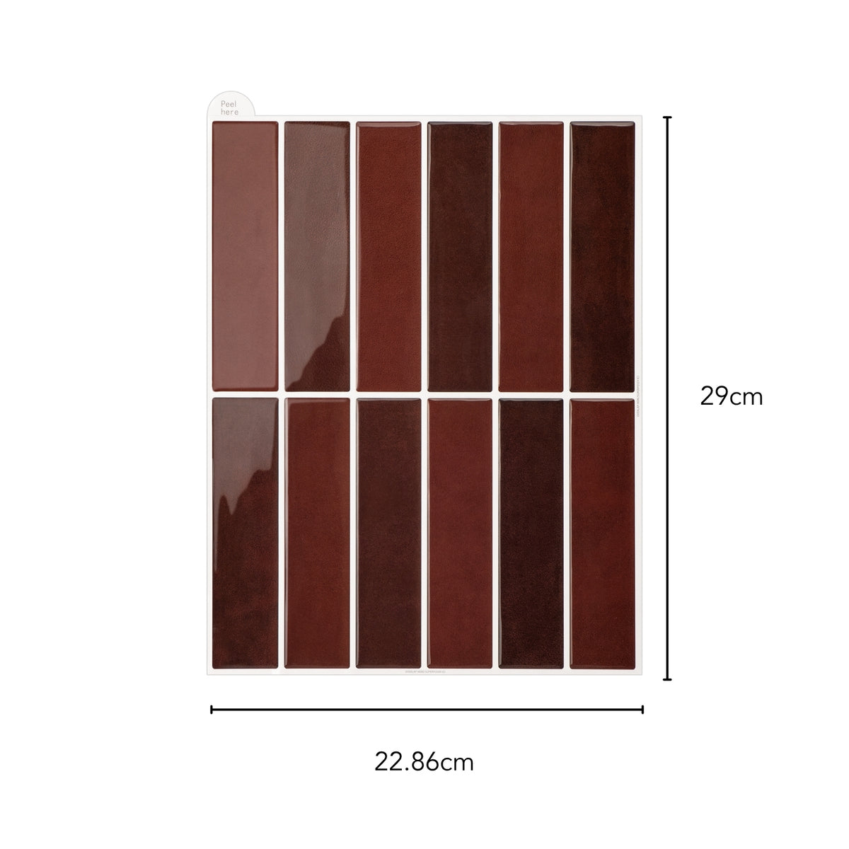 Set of burgundy rectangular tiles with dimensions labeled on a white background
