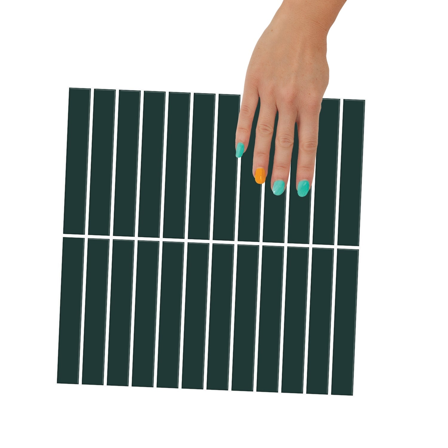 Dark green kit kat tiles behind bathroom vanity