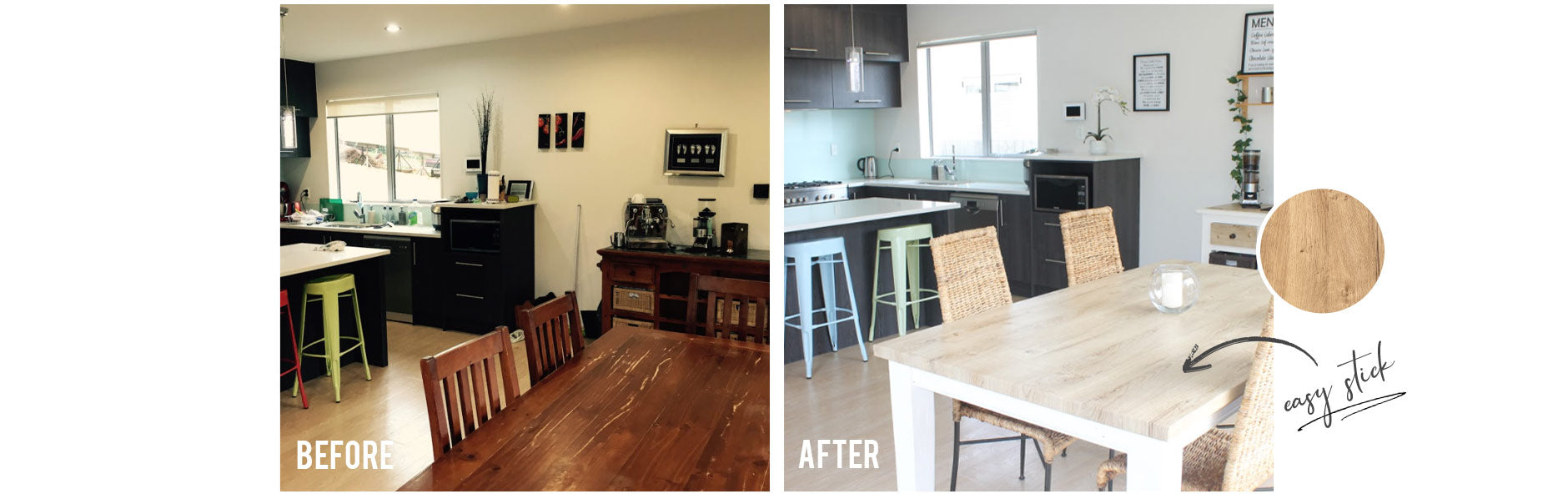 Dark wooden table to the left and same table to the right after it's been wrapped with oak vinyl