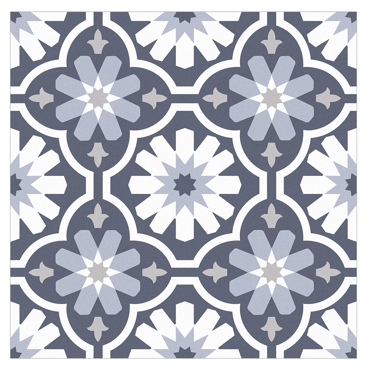 Patterned tile with geometric design in blue, white, and grey on a white background