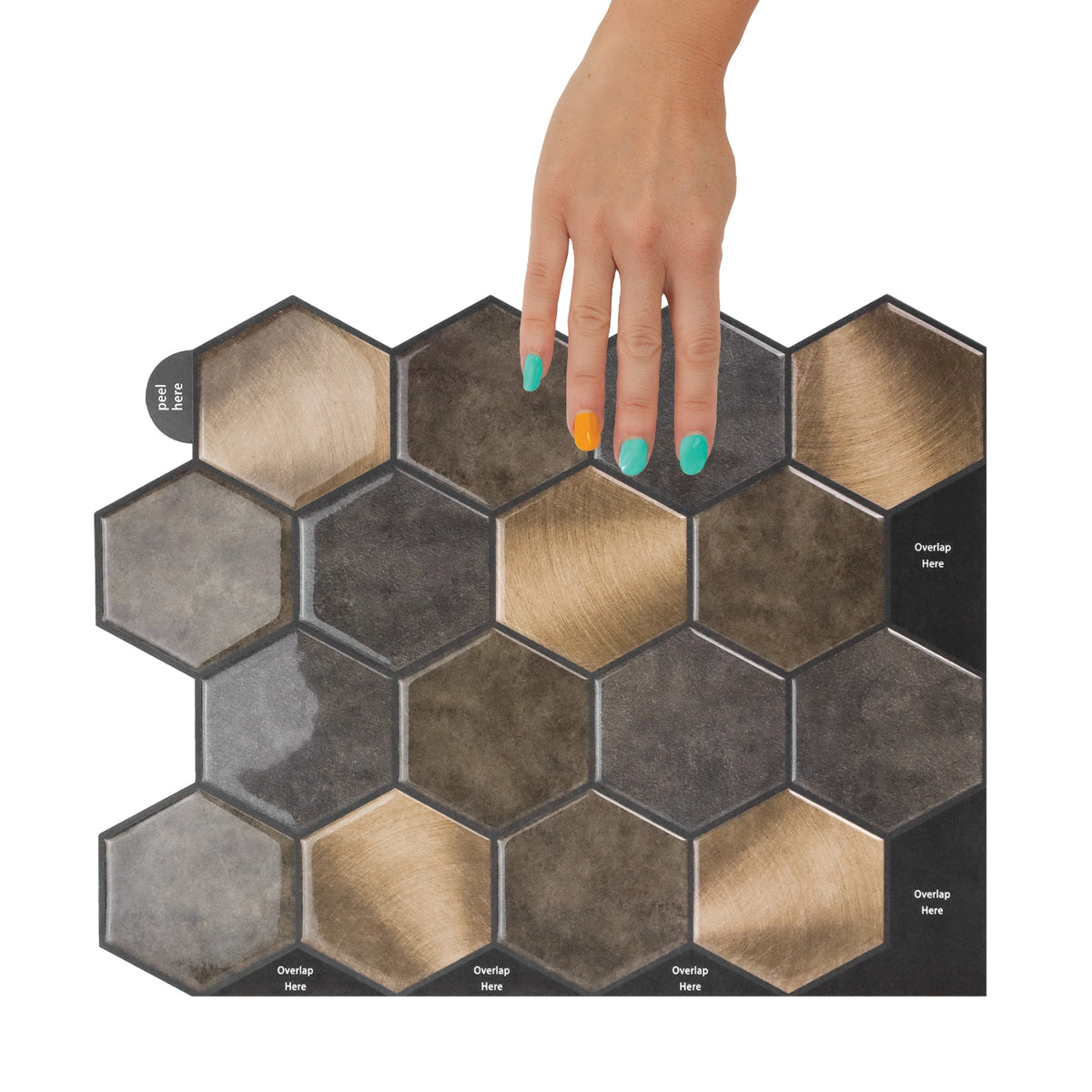 Hexagonal tile sample with a hand touching it on a white background