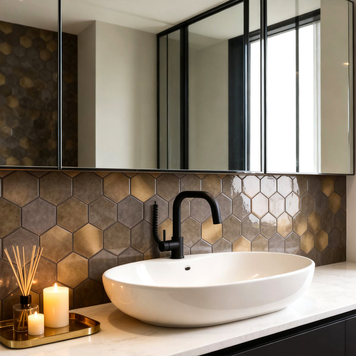 Modern bathroom with a white sink, black faucet, and hexagonal tile backsplash.