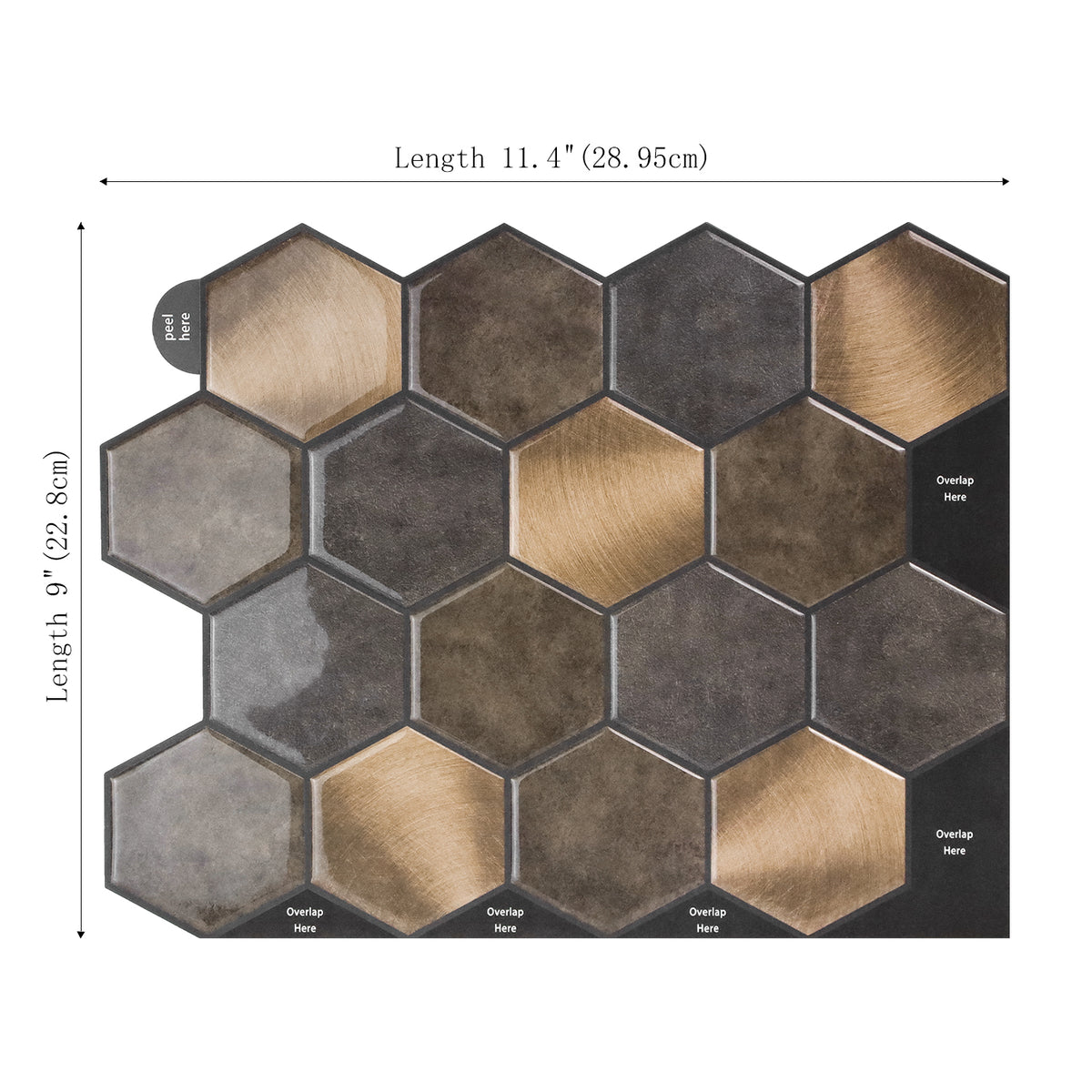 Hexagonal tiles with dimensions labeled on a white background