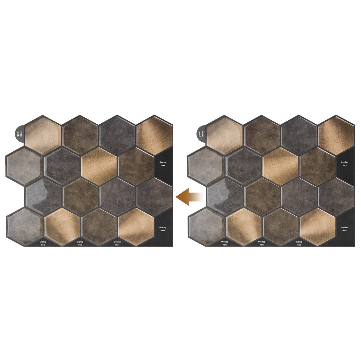 Hexagonal tiles in brown and black shades on a white background