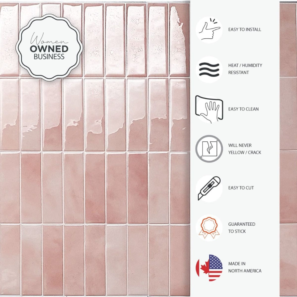 Pink stacked subway tiles that is peel and stick